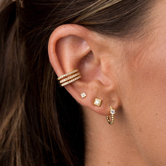 ToniQ Trendy Gold Tri CZ Diamond Hoop Huggies Earrings For Women