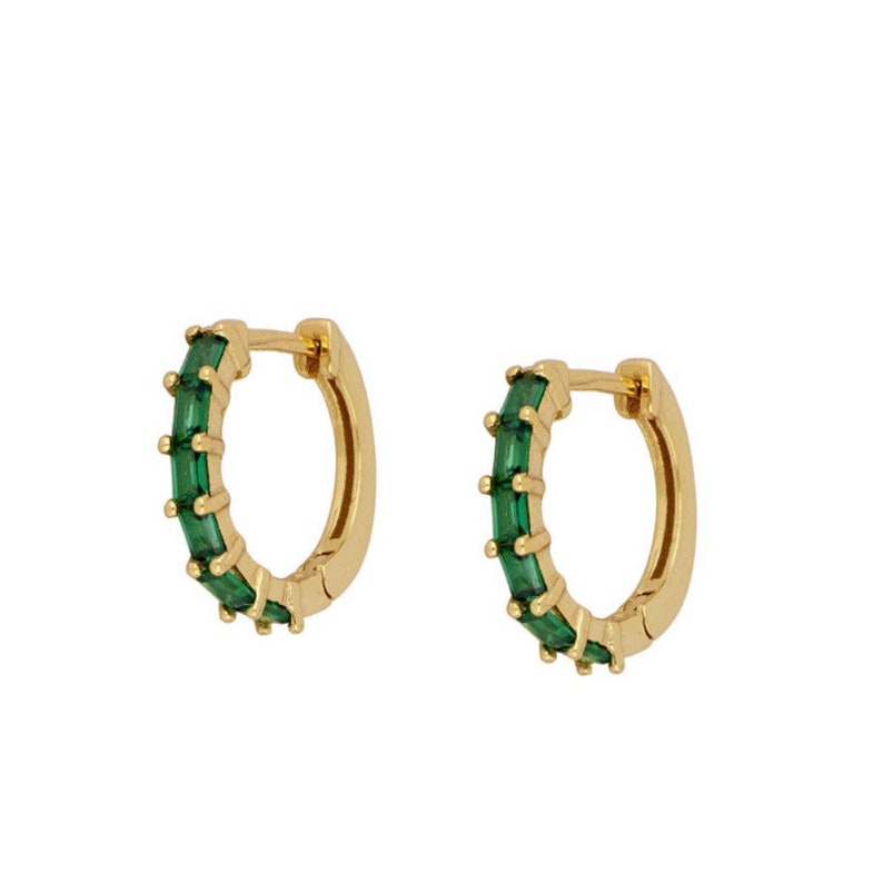 Cz gold hoops, Gemstone hoop earrings, Gold hoops, Silver hoops, Baguette hoops, Dainty hoops, Color baguette zirconia, Cz Hoops I-PEN1123 image 5