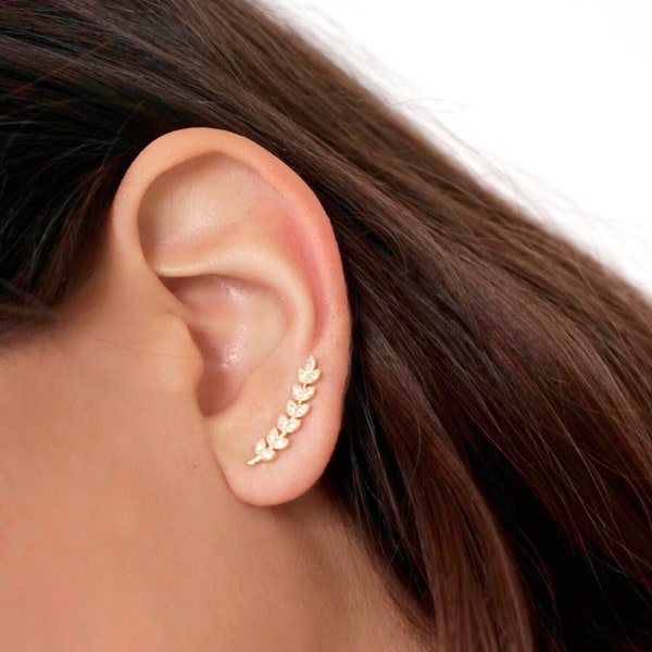 Gold cz Ear crawler - Minimalist gold ear climber - Leaves Ear climber - Minimalist ear climber - Minimalist earrings - Dainty earrings