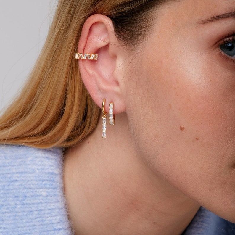 Cz gold hoops, Gemstone hoop earrings, Gold hoops, Silver hoops, Baguette hoops, Dainty hoops, Color baguette zirconia, Cz Hoops I-PEN1123 image 1