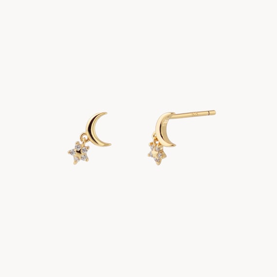 Moon - Star Gold Stud Earring - Moon Stud Earring - Star