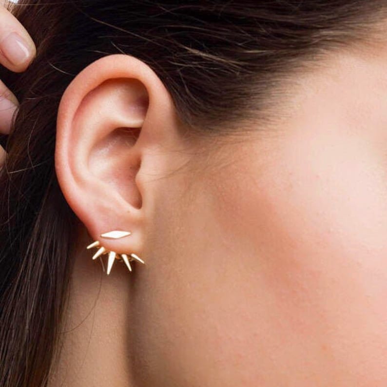 Spike gold ear jacket, Gold ear jackets, Ear jacket earrings,Dainty ear jacket,Modern ear jacket, Ear cuff, Dainty earrings, Tiny ear jacket image 1