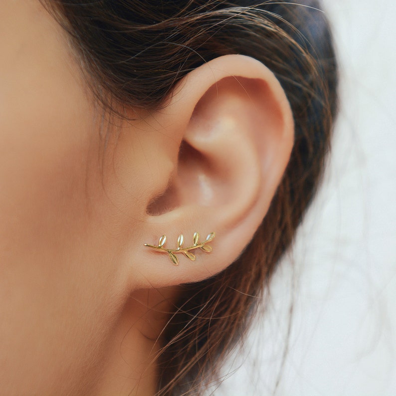 Gold Leaves Ear Climber Leaf ear cuff earrings Silver leaf ear climbers Minimalist leaf earrings Leaves pin ear climber earrings image 4