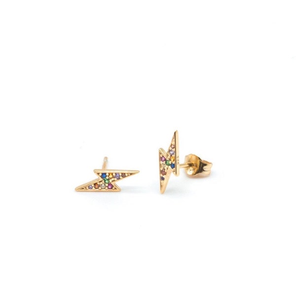Small cz earrings - Cz thunderbolt stud - Gold flash earring - dainty gold earring - multicolor earrings - stud earring