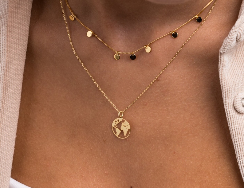 World map necklace, Globetrotter necklace, Gold map necklace, World necklace, map necklace, Medal necklace, Dainty necklace, Silver necklace image 1