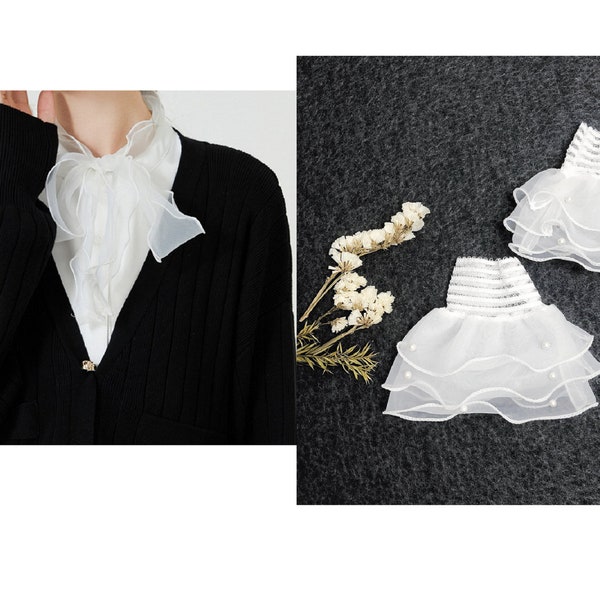 Off White Fake Collar / Chiffon Fake Collar / Orangza Wrist Cuffs, Detachable Half Shirt Collar, Removable Fake Collar B679(K)