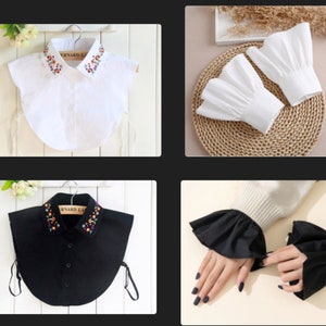 Pure White, Black / Embroidery Fake Collar / Cotton Half Fake Pointed Collar / Cotton Wrist Cuffs / Removable Fake Collar B50(E)
