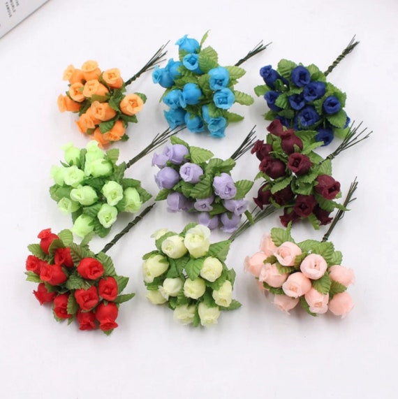 60 Pcs X 1.5cm Mixed Mini Artificial Flowers Buds Fabric Rose With Stem  Wedding Bouquet Wreath Corsage DIY SF011 