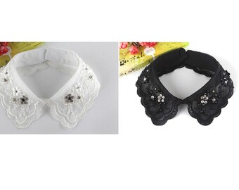 Off White, Black / Fake Crystal Lace Collar / Rhinestone Collar / Removable Fake Collar / Detachable Collar / False Collar / B626(K-small)