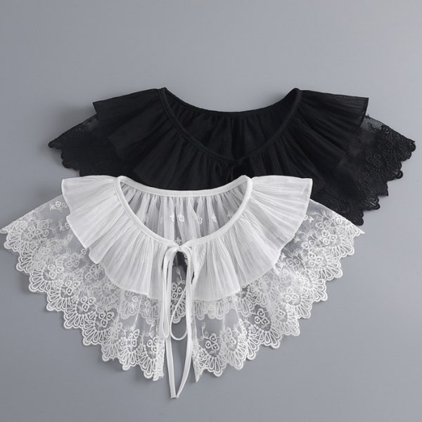 Off White, Black / Fake Lace Collar / Chiffon Collar / Removable Fake Collar / Detachable Collar / False Collar / B13(K-small)