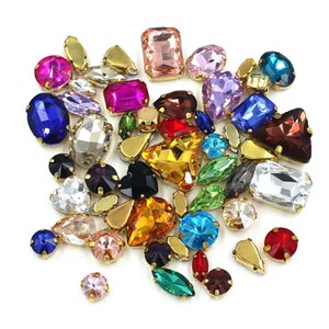 50 Pcs / Mix Sizes & Shapes Silver Base Sew On Rhinestone, DIY Crystal Beads, Wedding Dress, Sew On Gemstones S34G