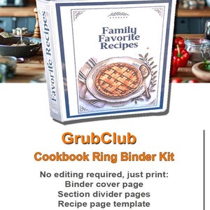 May include: A white three-ring binder with a blue border and a cover featuring the text Family Favorite Recipes and an illustration of a lattice-top pie on a plate. The spine of the binder also displays the text Favorite Recipes in blue.