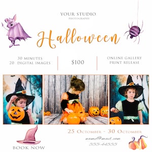 May include: A Halloween photography package offer with a price of $100 for 30 minutes and 20 digital images. The offer includes an online gallery and print release. The image shows three children dressed in Halloween costumes, with a witch hat, a pumpkin, and a spider.