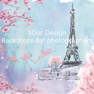 Könnte beinhalten: Aquarell-Hintergrunddesign mit Eiffelturm, Kirschblüten und Balletttänzerinnen. Der Hintergrund hat eine weiche blaue und violette Aquarellwaschung. Der Text lautet "aDor Design Backdrops for photographers."