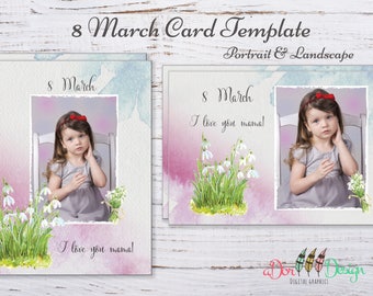 8 March Card Template, Mother Day Template for Photoshop, Spring Greeting Card,Snowdrops template  - 5x7 inches