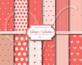 Vintage Valentine Pastel Red Digital Paper Collection, Seamless Patterns, Valentines Printable Patterns. Personal & Commercial Use