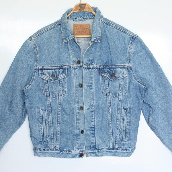 vintage LEVIS jacket oversized jean jacket grunge unisex denim jacket Levi trucker jacket light blue wash distressed denim Large L