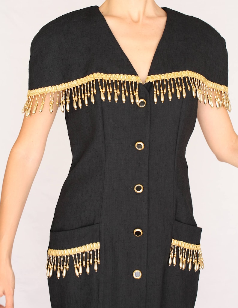 Gold Tassel Dress Beaded Vintage Dress Golden Fringed Button Down Fitted Midi Evening Pencil Dress Sleeveless Black Gold M L Medium Large