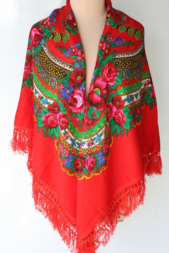 Big Vintage shawl.Large Red Flower Shawl.Floral shawl.Russian scarf shawl.Vintage wool shawl.Russian Shawl.Wedding shawl.Floral scarf.