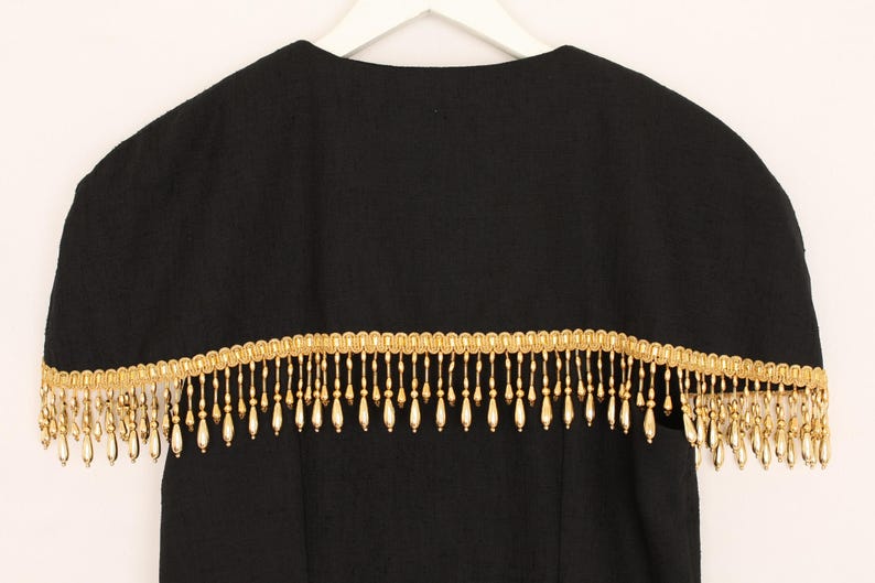 Gold Tassel Dress Beaded Vintage Dress Golden Fringed Button Down Fitted Midi Evening Pencil Dress Sleeveless Black Gold M L Medium Large
