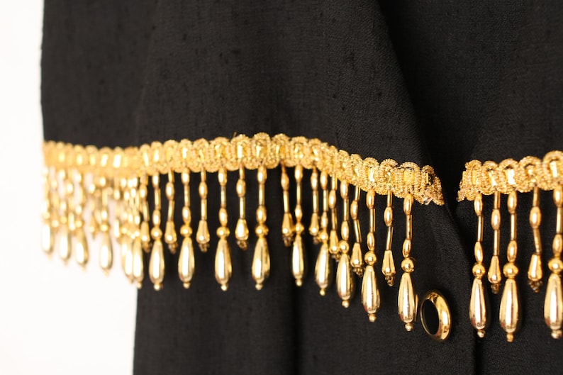 Gold Tassel Dress Beaded Vintage Dress Golden Fringed Button Down Fitted Midi Evening Pencil Dress Sleeveless Black Gold M L Medium Large