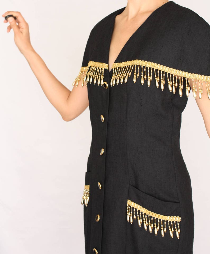 Gold Tassel Dress Beaded Vintage Dress Golden Fringed Button Down Fitted Midi Evening Pencil Dress Sleeveless Black Gold M L Medium Large