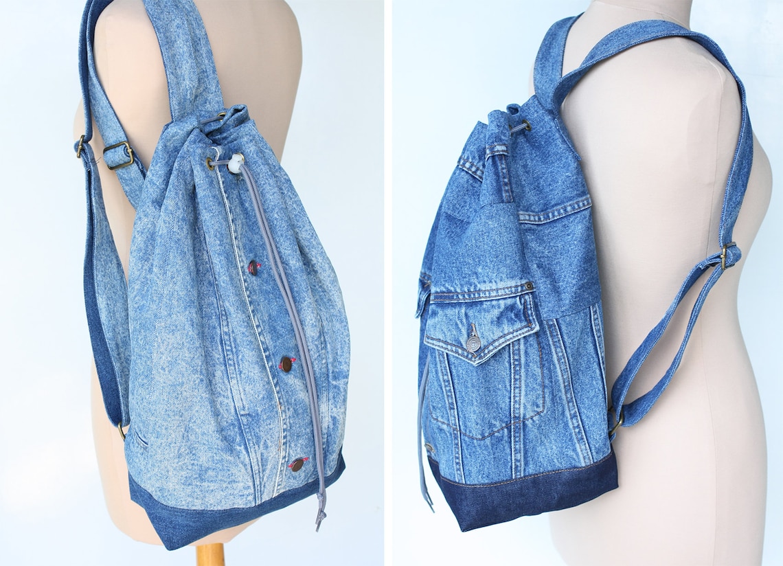 Denim backpack upcycled denim jacket jeans bag drawstring | Etsy