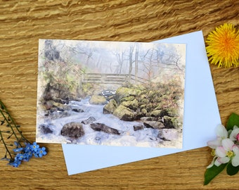 May include: A watercolor painting of a small wooden bridge over a stream in a forest. The water is flowing over rocks and the trees are misty and green.