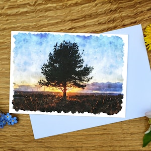 Sunset behind a Tree on Birchen Edge, Peak District Greetings Card 5&quot;x7&quot; and Canvas Print