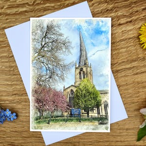 Crooked Spire: St Marys and All Saints Church, Chesterfield, wenskaart 5 x 7 inch en canvasafdruk