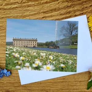 Chatsworth con margherite, Peak District, biglietto d'auguri e stampa su tela