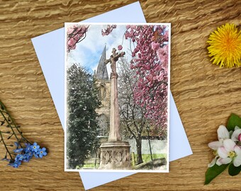 Crooked Spire Church Greeting Card: Chesterfield, Cherry Blossom,