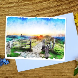Tarjeta de felicitación de 5 x 7 pulgadas con amanecer sobre Great Ridge, Peak District
