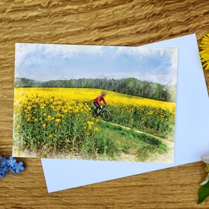 Cycliste dans un champ jaune, Derbyshire, carte de voeux 5 x 7 pouces et impression sur toile