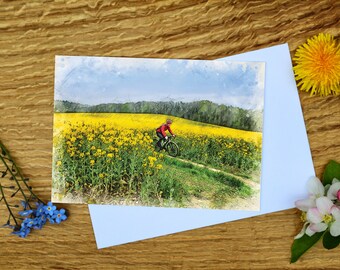 Cyclist in a Field of Yellow, Derbyshire, Greeting Card 5"x7" and Canvas Print