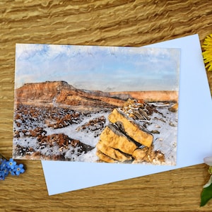 Carte de voeux Snow on Carl Wark, Peak District 5 x 7 pouces et impression sur toile