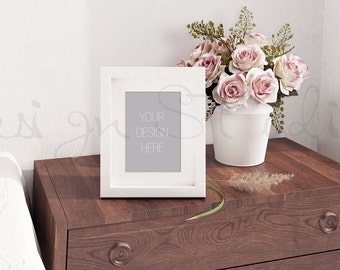 8x11,5 ( 9x13 cm ) White Frame Mock up, Styled Stock Photography,Product Background ,Bedroom interior frame mock up