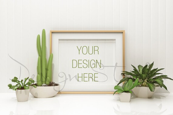 Horizontal Gold Frame Mockup Cactus And Plantlet Portrait Styled Horizontal Gold Frame Mockup Cactus And Plantlet Portrait Styled
