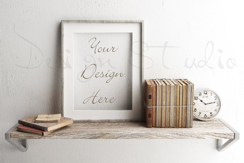 Frame mock up, 18x24 Empty Frame, Styled Stock Photography, Product Background Mockup , old books, wall and wood scene, image 1