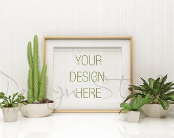 Horizontal Gold Frame MOCKUP, Cactus and plantlet Portrait, Styled Stock Photography,Product Background Mock up , frame mock up