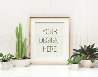 Gold Frame mockup, Cactus and plantlet Portrait, Styled Stock Photography,Product Background Mockup , frame mockup