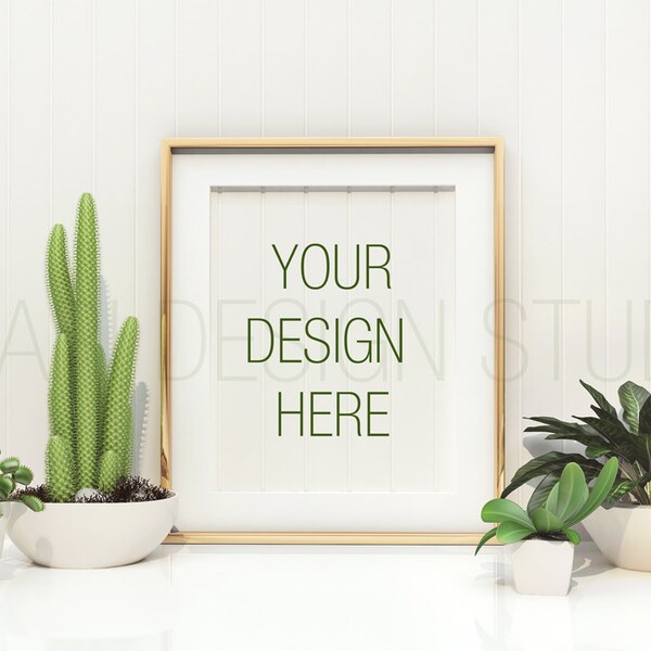 Gold Frame mockup, Cactus and plantlet Portrait, Styled Stock Photography,Product Background Mockup , frame mockup