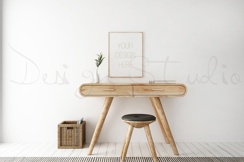 Styled Desk frame mockup, wooden frame mock up, scandinavian style living room stock photography, minimalist frame image 2