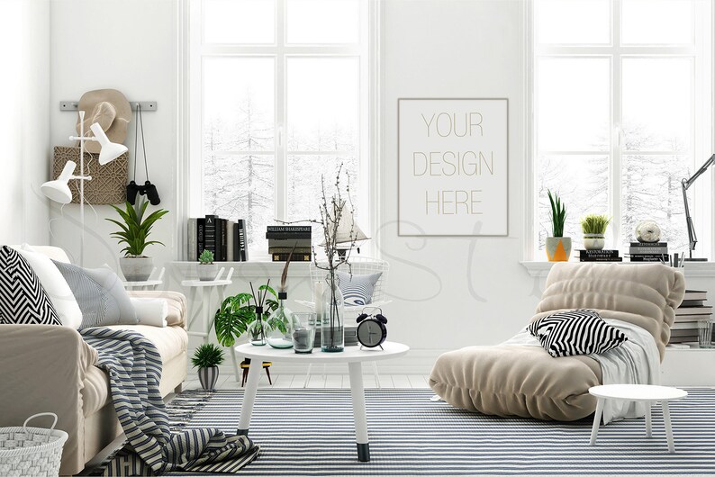 living room frame mockup, minimalist interior styled stock photography, wood frame mockup image 3
