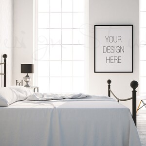 Bedroom black frame mockup,   Styled Stock Photography, white bed mockup, BUY3 PAY2