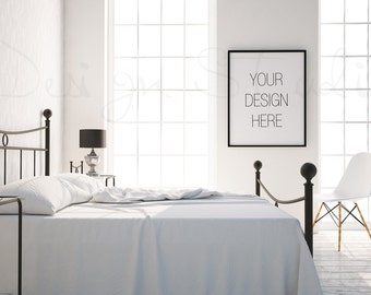 Bedroom black frame mockup,   Styled Stock Photography, white bed mockup, BUY3 PAY2