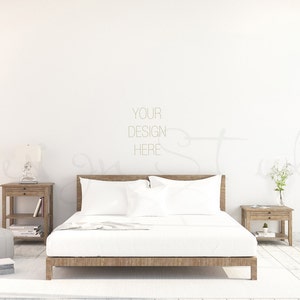 white Wall Bedroom Photography, Scandinavian interior , Poster Mockup, wooden bedroom mockup, BUY3 PAY2, white bed and wooden furnitures image 1