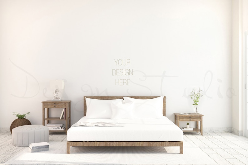 white Wall Bedroom Photography, Scandinavian interior , Poster Mockup, wooden bedroom mockup, BUY3 PAY2, white bed and wooden furnitures image 1