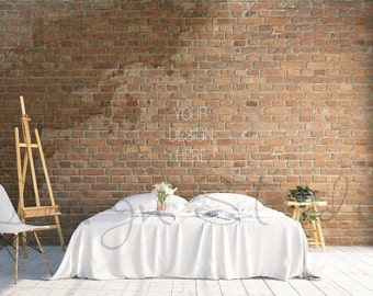 brick wall bedroom, interior stock Photography, Bedroom blank brick Wall Photography, Scandinavian interior , Poster Mockup