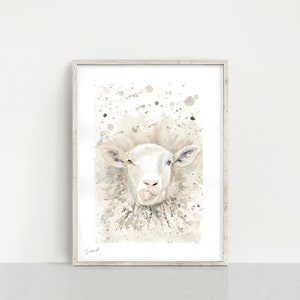 May include: A watercolor painting of a white sheep with a brown and white wool coat. The sheep is sticking its tongue out and has a playful expression. The background is a light brown with white splatters.